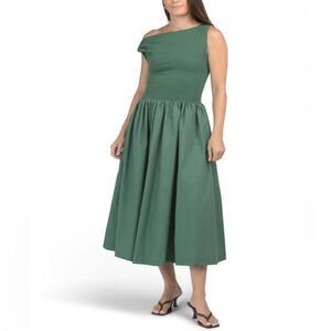 En Saison Asymmetrical Neck Hunter Green Mixed Media Midi Dress Juniors M NWOT